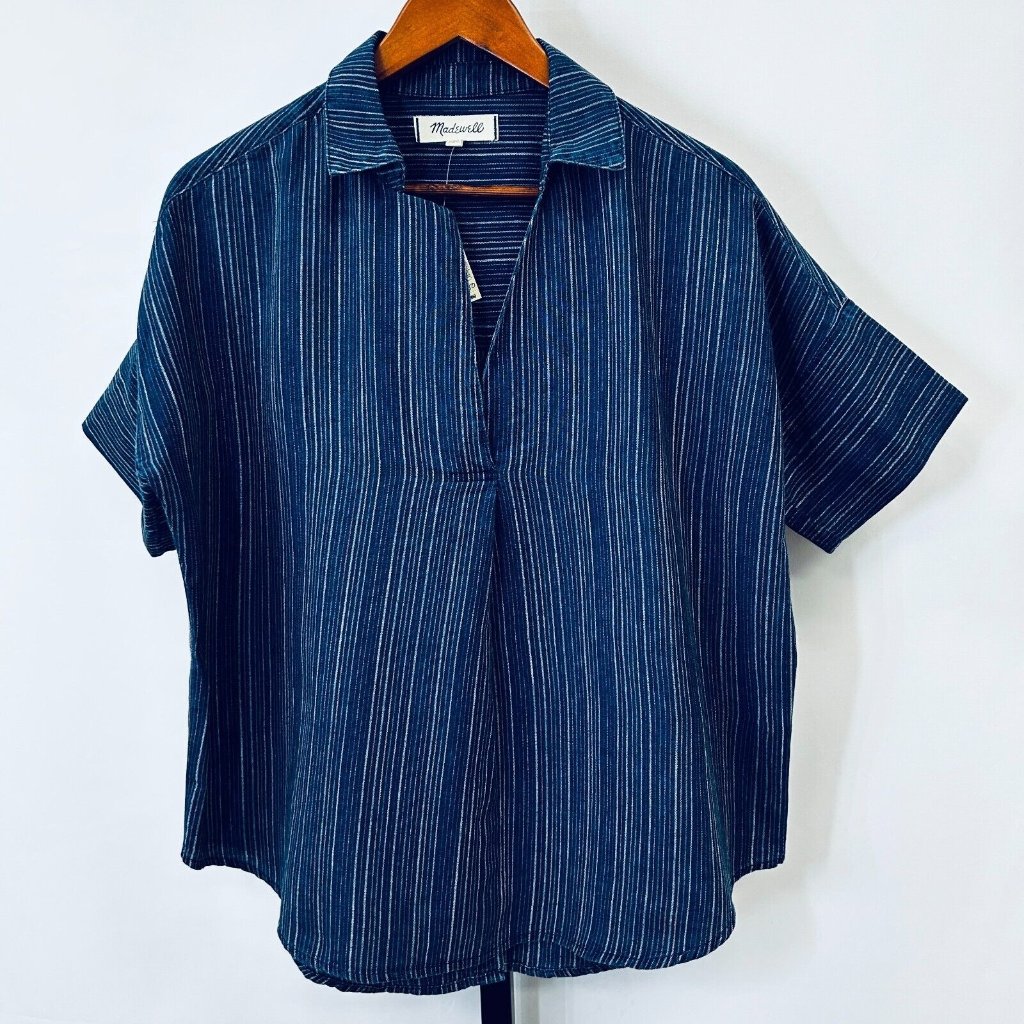 Nwt Madewell Cecile Stripe Courier Shirt Size Xxs Button Back Blue Cotton